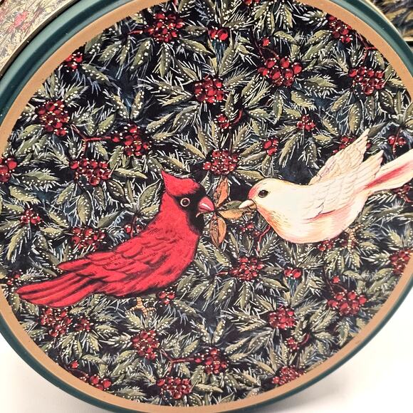 Merry Christmas Tin Storage Set - Cardinal, Dove, Floral Berry Design - Picture 2 of 8